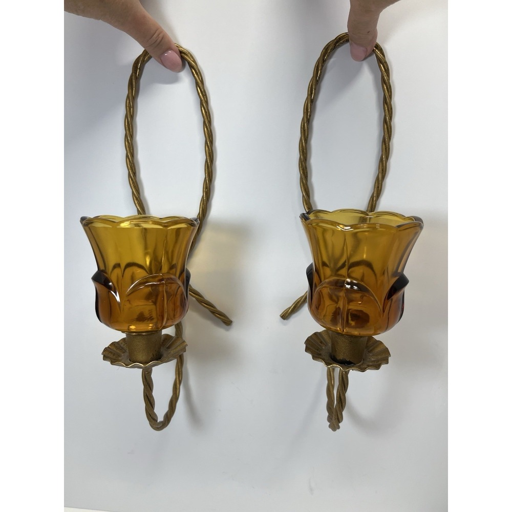 Vtg Homco Gold Twisted Metal Rope Candle Wall Sconces With Amber Cups Set of 2
